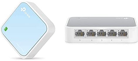 TP-Link TL-WR802N Nano Router N300 Wi-Fi Portatile, 300 Mbps, 1 Porta LAN/WAN & TL-SF1005D Switch Desktop, 5 Porte RJ45 10/100 Mbps, Plug & Play