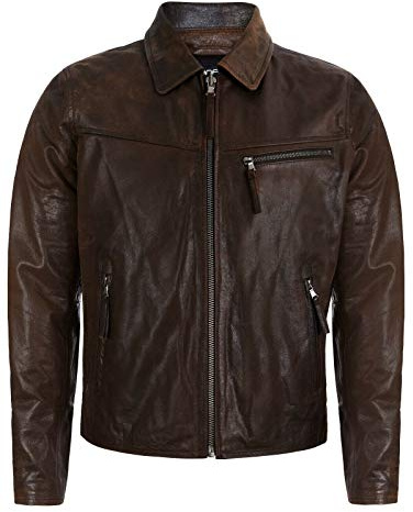 Men's Smart Brown Real Soft Genuine Cow Leather Classic Collar Harrington Jacket 5XL
