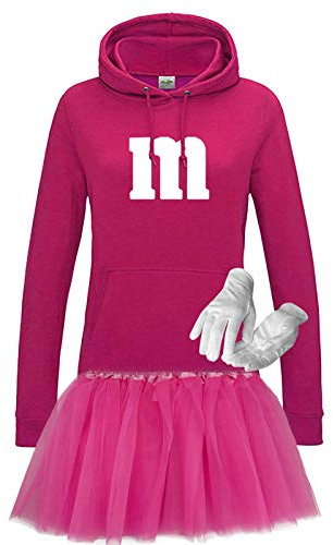 Hoodie M&M + Tüllrock Karneval Gruppenkostüm Schokolinse 9 Farben Damen XS-2XL Mundm Fans Tanzgruppe Fasching Verkleidung Rosenmontag, Größe:S, Farbe:pink - Logo weiss (+Handschuhe weiss/Tütü pink)