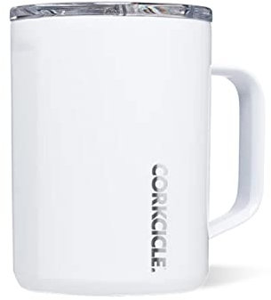 Corkcicle Origins Travel Coffee Mug - Triple Insulated Stainless Steel Cup with Handle for Tea, Hot Chocolate, Coffees, & More - Spill Proof, Reusable, Dishwasher Safe - Gloss White, 475ml/16oz