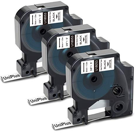 UniPlus Rhino 18053 S0718280 Kompatibel für Dymo Rhino Schrumpfschlauch Kabeletiketten Industrieetiketten für Dymo Rhino 5200 4200 5000 1000 3000 6000 9mm x 1,5m Schwarz auf Weiß 3er Pack