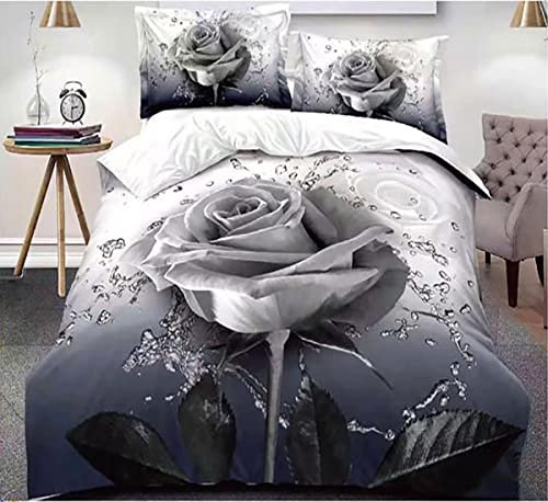 STHL 3D Printed Flowers Prints Duvet Quilt Cover 4 Piece Complete Bedding Set (B 16 Frey Silver Flowers, Double)