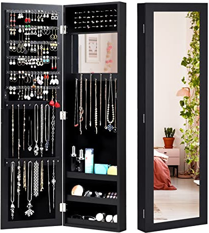 GOPLUS Schmuckschrank mit Ganzkörperspiegel, Schmuckregal mit Eingebautem Kleinem Spiegel, Spiegelschrank mit Wandmontage/Türmontage, Magnetverschluss, mit Stauraum für Schmuck & Kosmetika (Schwarz)