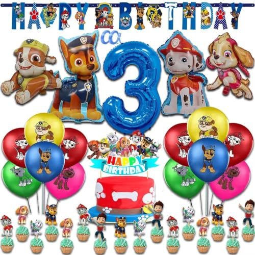 REDO Hund Geburtstagsparty Dekoration Alles Gute zum Geburtstag Banner Girlande Hängende Wirbeldekoration Hund Heliumballon Digitaler Folienballon Jungen Mädchen Baby Kinder für 3 Jahre