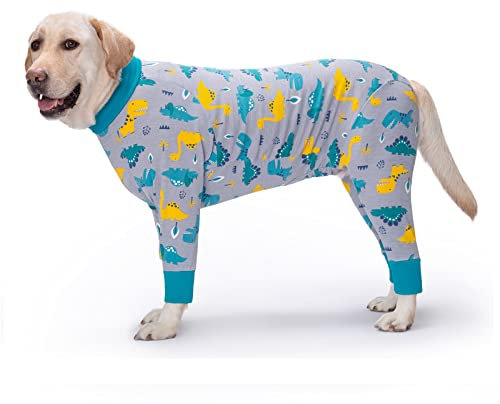 Yeapeeto Einteiler für Hunde, zur Erholung, für große und mittelgroße Hunde, Schlafanzug, Ganzkörper für Haarausfall, Allergien, Anti-Lecken, Wundschutz, Kegel-Alternative (4XL, Dinosaurier)