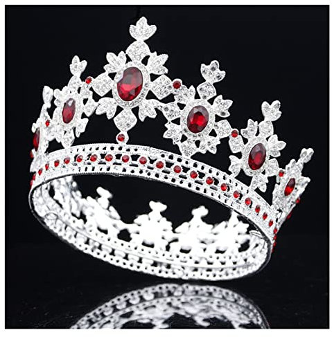 Tiara für Mädchen Kristallkrone Runde Tiara und Krone Hochzeit Haarschmuck Royal King Tiara Shining Crystal Crown Performance Tiara (Color : Crown, Size : Silver Red)