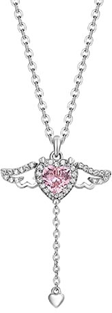 Tonsee Accessoire Kette Damen Herz Halskette Rosa Kristall Engelsflügel Herz Anhänger Halskette für Frau minimalistischen Schmuck Mädchen Halskette Elegante Strass Halskette (Pink #6, One Size)