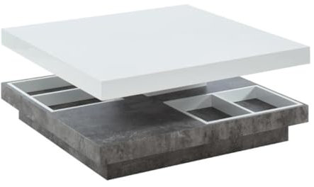 Vente-unique - Table Basse - Plateau pivotant - MDF laqué Blanc et béton - Fausto II