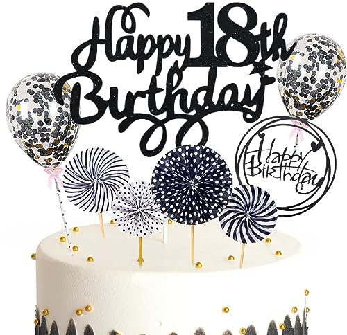 Feelairy Tortendeko 18. Geburtstag Mädchen Jungen, Schwarz Kuchen Deko 18. Geburtstag Mädchen Jungen Cake Topper Happy Birthday Ballon Konfetti für Geburtstagstorte Deko 18 Jahre Kinder