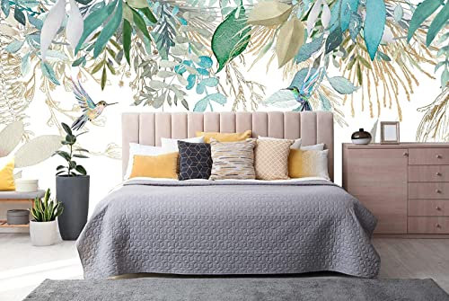 Naturempress Carta Da Parati 3D Moderna Foglie Tropicali Eleganti Colibrì Fotomurali Moda Decorazione da Muro XXL Poster Gigante Design Carta per pareti