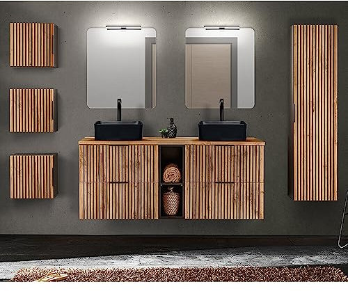 Lomadox Badmöbel Set 3 Hängeschränke Hochschrank Doppelwaschtisch mit 141 cm Keramik Waschbecken Spiegel Spiegellampe anthrazit Eiche Nb. Front Rillen schwarz