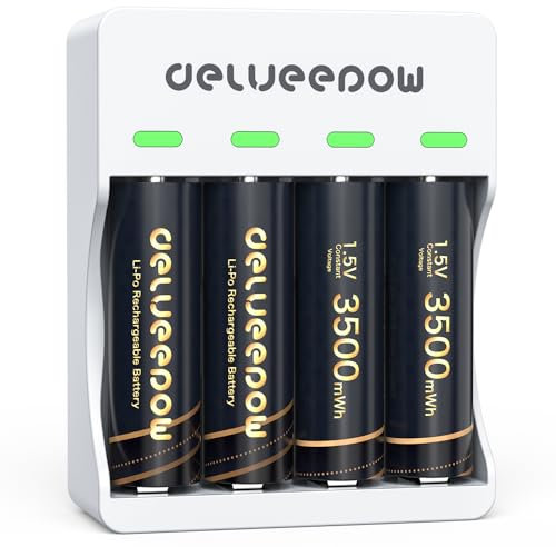 Delyeepow Batterie AA Litio Ricaricabili, 4 Pezzi 3500 mWh 1.5V Pile AA Litio Ricaricabili con Caricabatterie, LCD Display 4 Slot, 2ore Carica Rapida USB