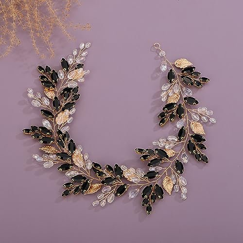 Deniferymakeup Rhinestone Bridal Hair Vine Crystal Wedding Headband Rhinestone Bride Headpiece Leaf Hair Accessories for Women and Girls (Gold Black)