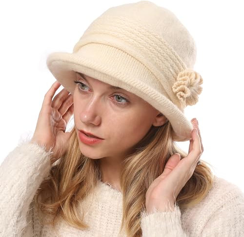 Huakunda Damen Strickmützen Gefüttert Winterhut Warm Vintage Floral Knit Beaniemütze Elegant Frauen Bucket Hüte für 55-60 cm (Beige)