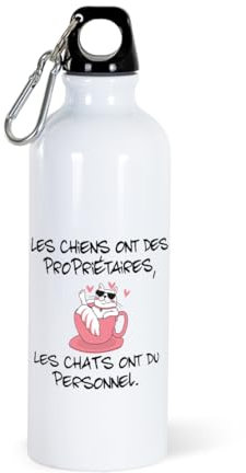 Gourde 500ml Chat Humour Bouteille d’Eau Aluminium Réutilisable Ecologique avec Bouchon Vissé Mousqueton. Idée Cadeau Original Amie Homme Femme Sport Voyage Gym Bureau Anniversaire Noël