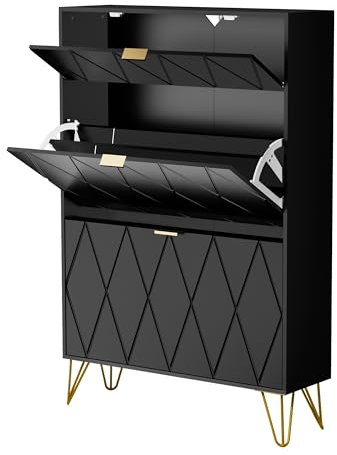 UEV Schuhschrank mit 2 Klappen, 80 x 24 x 120 cm für 16 Paar Schuhe mit 1 Schubladen, Schuhschrank Schwarz, Schuhkipper Schmal, Schrank Flur Schuhkommode im Flur, Platzsparend