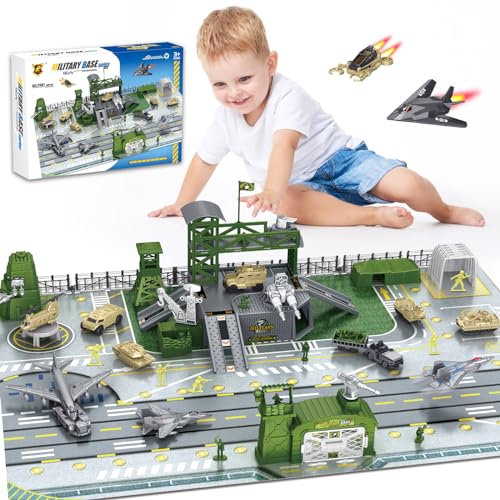 Militär-Basis-Spielzeug-Set, Armee-Spielset mit Militärfahrzeug, Armee-Actionfiguren, Waffen-Ausrüstung, Armee-Panzer, Flugzeug und Armee-Basis, Spielkarte für 3, 4, 5, 6, 7, 8 Jahre alte Jungen und
