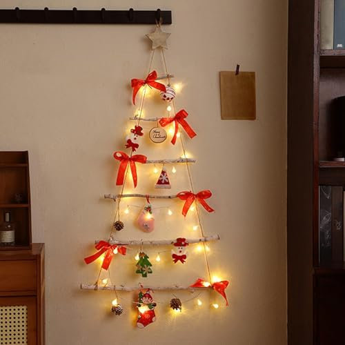 Albero di Natale con Scala in Legno da Appendere con Luci A LED, Albero di Natale da Appendere alla Parete in Legno, Decorazione da Parete in Stile Vintage Natalizio, Decorazione Festosa A LED