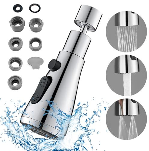 Violotoris Kitchen Tap Spray Head, G1/2 Faucet Adapter, with 3 Modes, Leakproof Replacement, Easy Installation, Tap Adapter Accessories