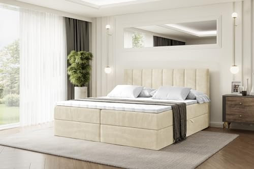 ALTDECOR Boxspringbett mit Matratze und Lattenrost, Boxbett, Topper, Polsterbett mit Bettkasten, Bett mit Stauraum H3-Matratze, Doppelbett, Springboxbett OTTA - 160x200 - Beige Monolith 04