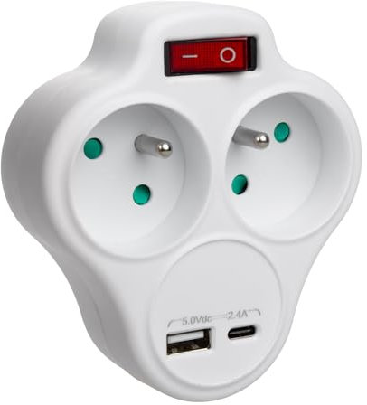 Maclean MCE336 E Toma de Corriente, Divisor con 2 Tomas y USB A/C 2,4A, tipo E, 2x16A