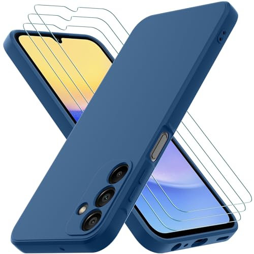 Oureidoo Cover per Samsung Galaxy A15 5G / 4G con 3 Pezzi Pellicola Vetro Temperato, Custodia in Morbida Silicone Liquido, Sottile e Antiurto con Rivestimento in Microfibra AntiGraffio, Blu