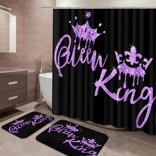 Arttown Violettes Badezimmer-Set mit Duschvorhang und Teppichen und Zubehör, schwarz und lila, Duschvorhang-Sets, King-Size- und Queensize-Duschvorhänge für Badezimmer, afrikanische amerikanische