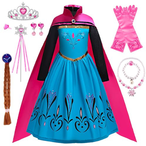 YYDSXK Anna Kostüm Mädchen Kleid mit Umhang, Eiskönigin Kostüm Kinder Prinzessin Kostüm für Karneval Party Cosplay Verkleidung Halloween Fest Geburtstag mit Zubehör Krone Zauberstab Perücke