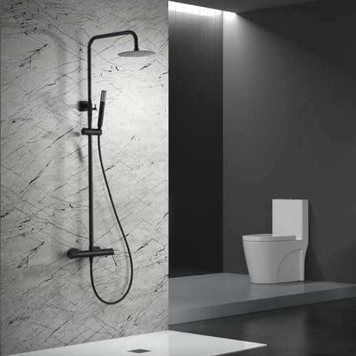 IMEX - Columna Ducha Negra Monomando con Grifo | Kit de Ducha con Alcachofa y Rociador Antical | Griferia en Latón y Acero Inox S.304 con Barra Extensible | Serie Line