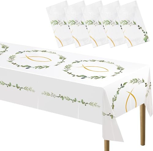 Kommunion Tischdecke, Konfirmation Tischdeko, Taufe Junge Deko Tischtuch, Fische Kommunion Partytischdecke Mädchen für Erstekommunion Deko, Taufe Party Dekoration 130 * 275cm (5 Stück)
