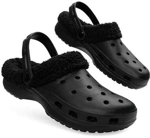 CityComfort Herren Clogs mit Fleecefutter, Warme und Bequeme Hausschuhe – Geschenke für Männer (Schwarz,42 EU)