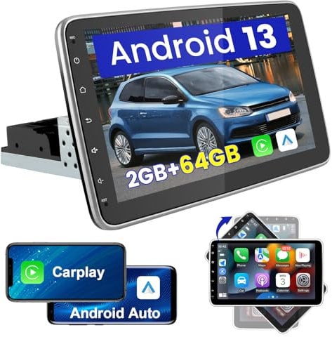 AWESAFE 1 Din universal Android 13 Radio 2GB+64GB mit 10 Zoll Vertikal Drehbarer Touchscreen Navigation WiFi Lenkradsteuerung Bluetooth Carplay Android Auto FM Radio unterstützt DBA+ Rückfahrkamera