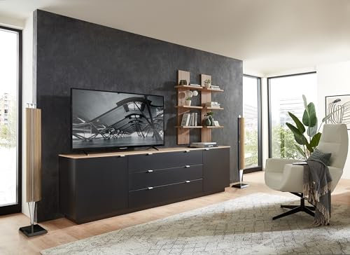 möbelando Wohnwand >Core< (3-teilig) in schwarz matt/Artisan Dekor - 240x77x44 (BxHxT)