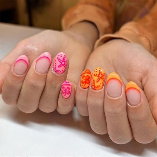 Short Almond Press-On Fake Nails Summer Ocean Beach Nail Art Decoration French Gradient Manciure for Women and Girls 24pcs