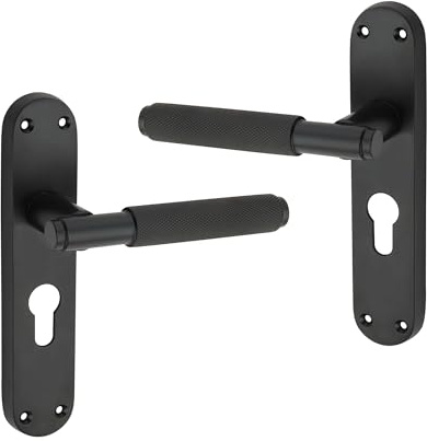 Infinity Decor Pair of Modern Knurled Lever on Backplate Euro Lock Door Handles Set - for Interior & Exterior Door (Matt Black)