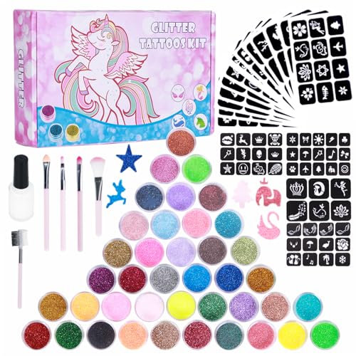 DSYZWEE 40 Colours Temporary Glitter Tattoos with 147 Stencils, 5 Brushes, 2 Glues, for Kids' Birthday Parties and Play, Waterproof