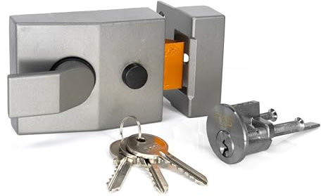TSS Standard Non-Deadlocking Nightlatch, 60mm Backset, Complete with Rim Cylinder Lock Supplied with 3 Keys. External Door Lock for Front Door and Back Door (Grey Lock/Silver Cylinder)