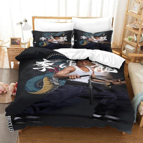 LIAOHENKAN Bruce Lee 3D Gedruckter Chinese Kung Fu Bettbezug Set Mädchen Junge Kinder Bettwäschegarnitur Weich Microfaser Bettwäsche Und Kissenbezüge Reissverschluss 3 Teilig Single(140x200cm)