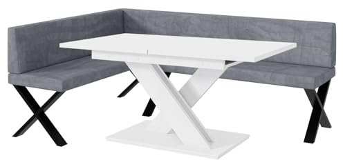 MEBLINI Eckbank für Esszimmer mit ausziehbarem Tisch - Küchenbank - Essecke - Sitzecke Küche - Toni - X-Beine 142x196x87cm Links - Grau Samt/B Weiß Matt