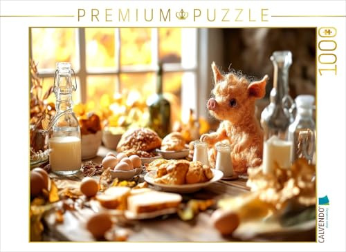 CALVENDO Puzzle Eierlegende Wollmilchsau beim Frühstück – Kuscheliges Schweinchen und Fabelwesen für Kinder | 1000 Teile Lege-Größe 64 x 48 cm Foto-Puzzle für glückliche Stunden