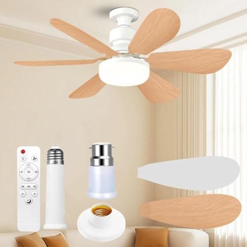 FIBRAVE Ceiling Fan Light, E27 Fan Lights with Remote Control, Stepless Dimmable 30W 1800 Lumens 3000-6500K 3-Color 3-Speed, Small Ceiling Fan with Light for Bedroom, Kitchen, Bathroom(Wood Grain)