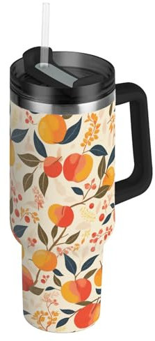linqin Süßer Wasserfarben-Pfirsich-Becher mit Strohhalm-Deckel, wiederverwendbar, für Damen, Herren, Ihn, Sie und Ihn, 1,2 l