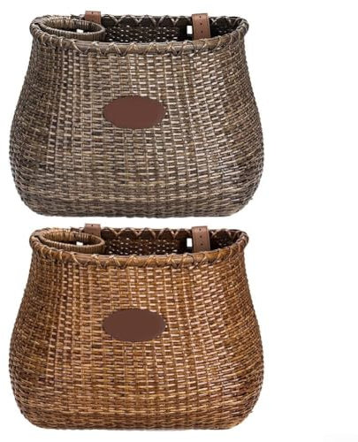 Bike Front Basket Bracket, Rattan Bicycle Woven Basket with Leather Buckle & Cup Holder, Large Capacity, Secure Fit(Dark brown)