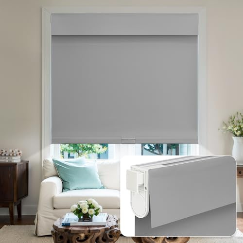Keego Cordless Roller Blinds Easy Install No Tools No Drill Blinds for Windows Waterproof Blackout Shades for Kitchen Bedroom Bathroom Living Room (Fog Grey, 134cm W x 165cm H)