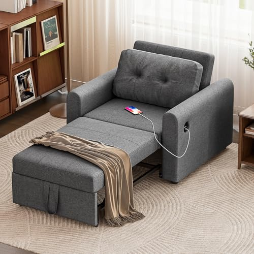 Luxstein Einzelschlafsofa, 3-in-1 umwandelbarer Schlafsofa mit verstellbarer Rückenlehne, USB-Anschluss und Seitentaschen, ausziehbare Schlafsofas für Wohnzimmer, Gästezimmer, Büro, Grau