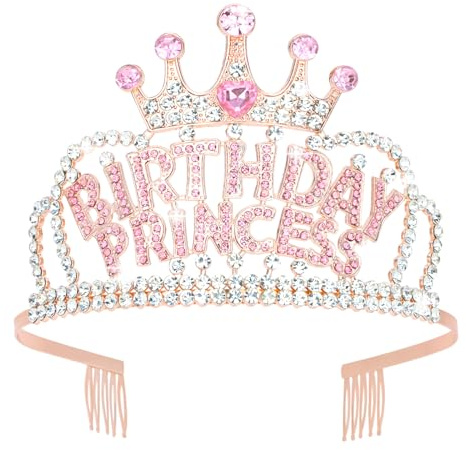 KIUEZIR Rose Gold Birthday Princess Tiara with Side Comb - Silver & Pink Rhinestone Crown for Women, Non-Slip Alloy Happy Birthday Headwear, Sparkly Hair Accessories for Parties & Photo Shoots