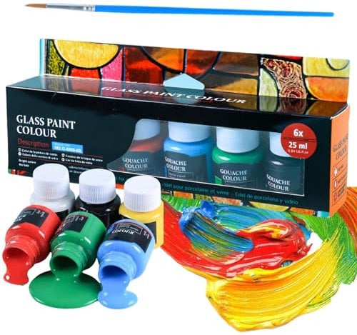 Kit di 6 colori per pittura su vetro Colo/rful, per pittura su vetro, impermeabile, forte potere coprente, per ceramica, vetro, roccia, tazze, finestre, bicchieri di vino (25 ml x 6 vernici per vetro