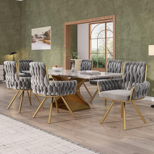 ModernLuxe Samt-Esszimmerstuhl 6er Set, Drehstuhl mit 360° Funktion, luxuriöser Sessel für Wohnzimmer und Schlafzimmer, Grauer Samtbezug, Metallbeine, Moderne Armlehnen