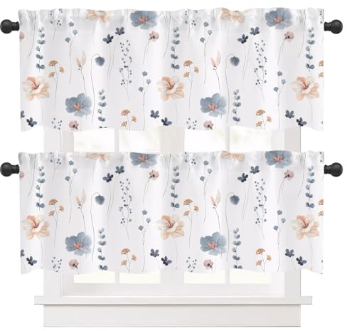 Ausing Lot de 2 rideaux de cuisine avec imprimés floraux - Pour salon, salle à manger, balcon - Semi-transparent - Beige