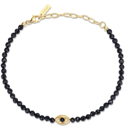 COAI Bracelet de Cheville Tourmaline Noire Femme, Chaîne Cheville Mauvais Œil Femme, Chaîne en Acier Inoxydable Plaqué Or